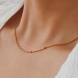 18K Gold Non Tarnish Petite Beaded Necklace Minimalist Color Bead
